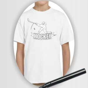white Gildan youth t-shirt with printed hockey player and text image to colour
