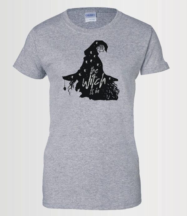 halloween themed custom t-shirt "the witch is in" on a Gildan sport grey t-shirt in black Siser HTV