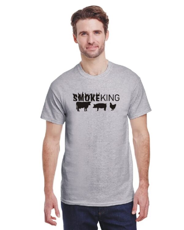 smoke king text with cow pig and chicken in black Siser HTV on Gildan sport grey t-shirt worn by a man