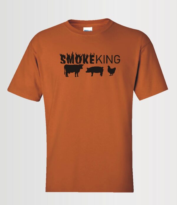 smoke king text with cow pig and chicken in black Siser HTV on Gildan Texas orange t-shirt