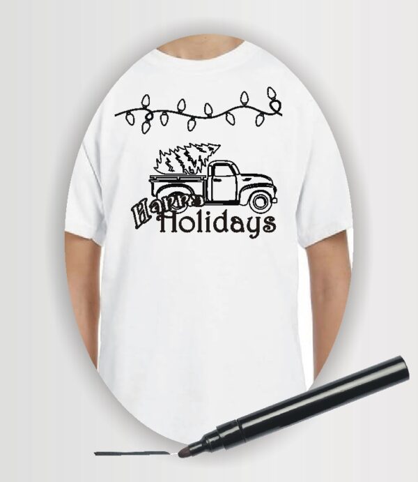 Wearable Art colouring t-shirt option #4 Happy Holidays truck