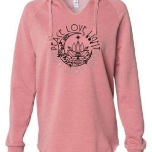 peace, love, light ladies hoodie dusty rose with black and grey Siser HTV applied