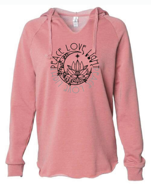 peace, love, light ladies hoodie dusty rose with black and grey Siser HTV applied