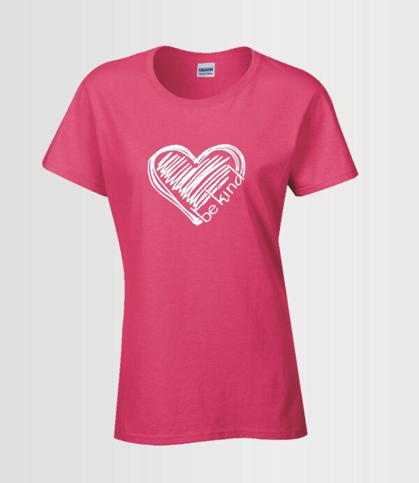 "be kind" custom t-shirt ladies style in heliconia pink with white stylized heart and text