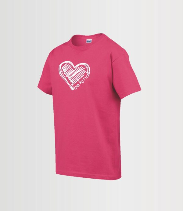 "be kind" heliconia pink youth custom t-shirt with white stylized heart and text
