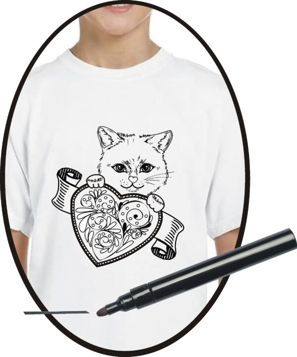Valentine's Wearable Art colouring t-shirt option 2-cute cat with decorative heart