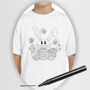 Wearable Art colouring t-shirt with rabbit, butterflies and Easter eggs on youth white t-shirt