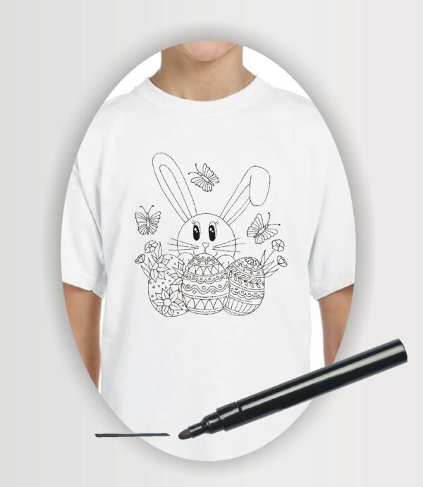 Wearable Art colouring t-shirt with rabbit, butterflies and Easter eggs on youth white t-shirt