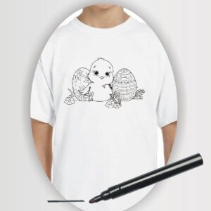 Easter chick wearable art colouring t-shirt with fancy eggs on a white youth t-shirt