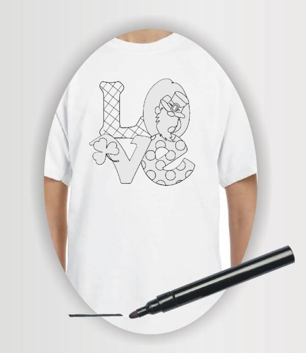 Wearable Art colouring t-shirt with LOVE, shamrock and gnome