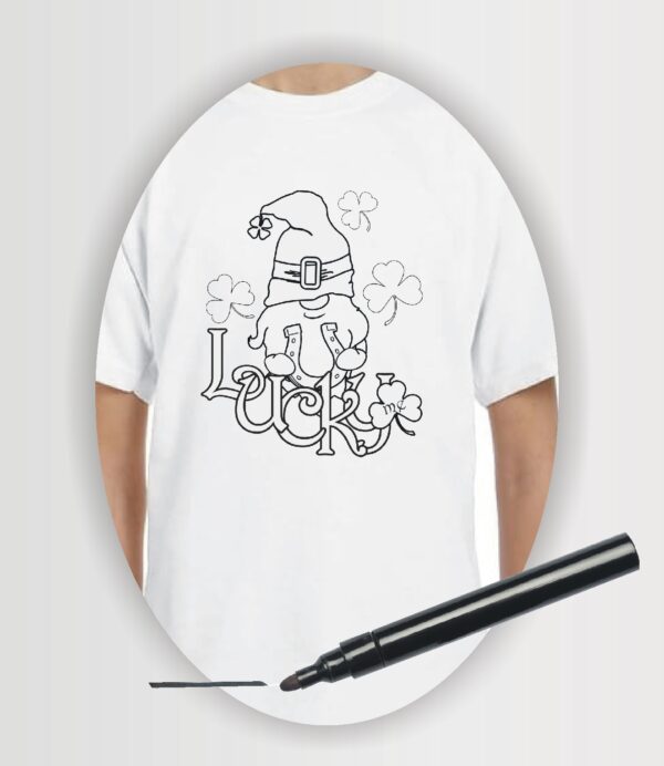 Wearable Art colouring t-shirt with lucky me and a gnome