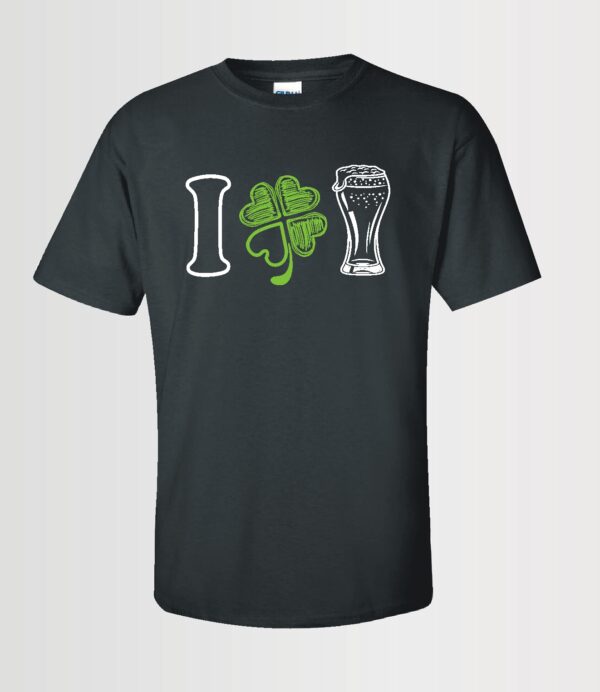 St. Patrick's Day themed unisex black custom t-shirt with I love booze in graphics across the chest