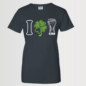 St. Patrick's Day themed custom ladies black t-shirt with " I love booze" in graphics