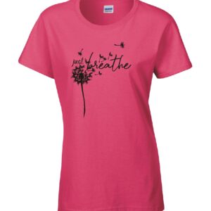 just breathe ladies custom t-shirt done in black Siser HTV on a 100% cotton pink tee