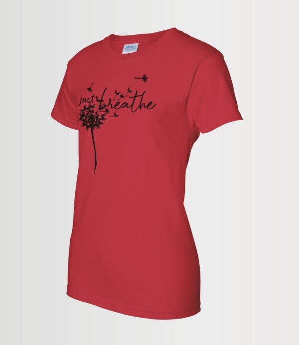 just breathe custom t-shirt done in black Siser HTV on a red 100% cotton ladies style tee