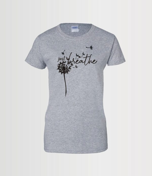just breathe custom t-shirt done in black Siser HTV on a sport grey 100% cotton ladies style tee