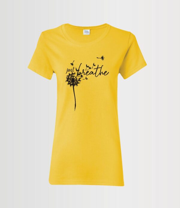 just breathe custom t-shirt done in black Siser HTV on a yellow 100% cotton ladies style tee