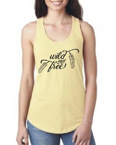 women's racer back custom tank with wild and free in black on butter cream