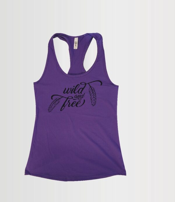 women's racer back custom tank with wild and free in black on purple rush