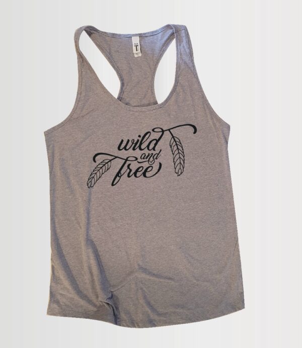 women's racer back custom tank with wild and free in black on sport grey