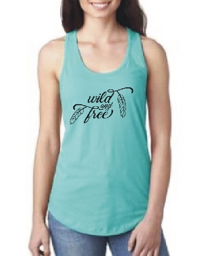 women's racer back custom tank with wild and free in black on Tahiti blue