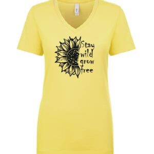 ladies V neck custom t-shirt in butter cream with "stay wild grow free" in black Siser HTV