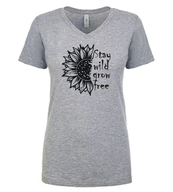 ladies V neck custom t-shirt in sport grey with "stay wild grow free" in black Siser HTV