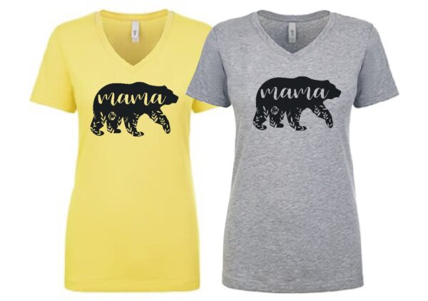 sport grey and butter cream ladies V neck custom t-shirt with mama in a bear silhouette with flowers