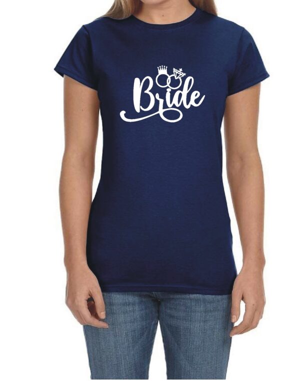 custom wedding party t-shirt ladies style with Bride with rings in white on navy blue