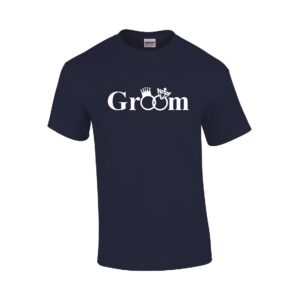 wedding party t-shirt with groom and rings in white on navy blue t-shirt