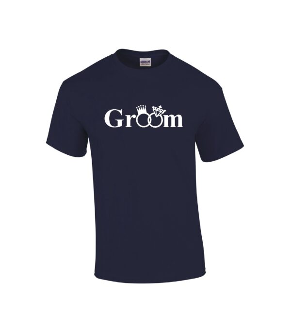 wedding party t-shirt with groom and rings in white on navy blue t-shirt