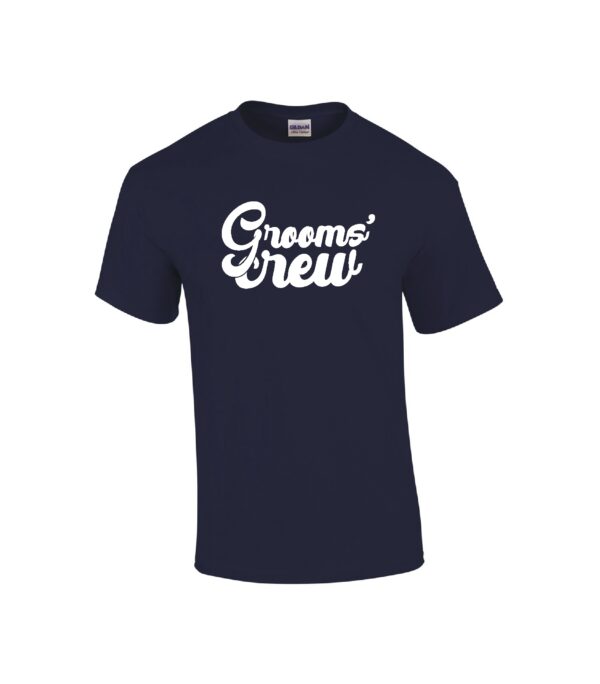 custom wedding party t-shirt unisex style with grooms' crew in white on navy blue t-shirt