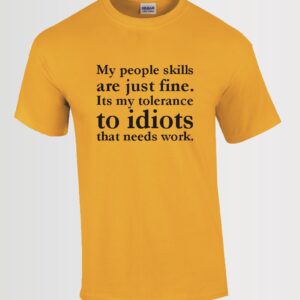 humorous custom t-shirt with black text "people skills" on gold unisex t-shirt