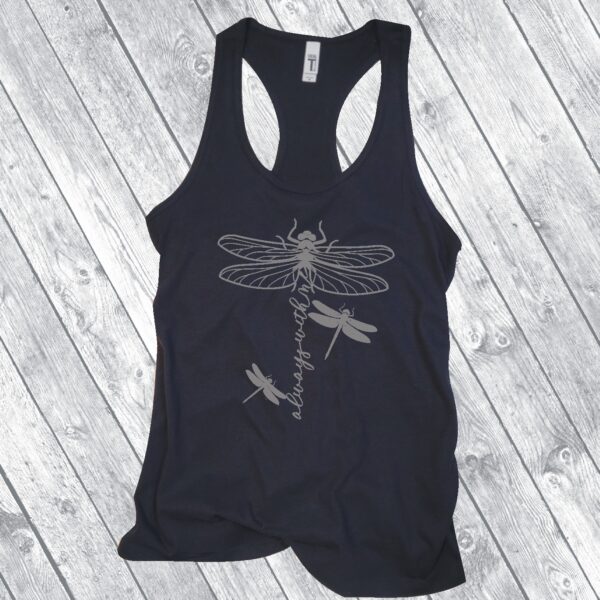 always with me dragonfly custom ladies tank top black with silver graphics