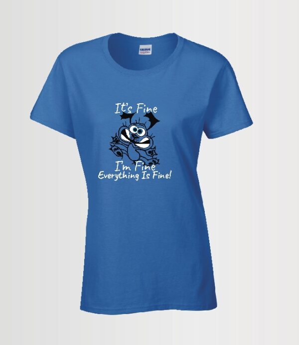 funny custom t-shirt with crazy dog and I'm fine text on ladied style royal blue t-shirt