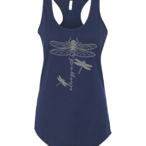 ladies' custom tank top in navy with silver dragonfly's and always with me text