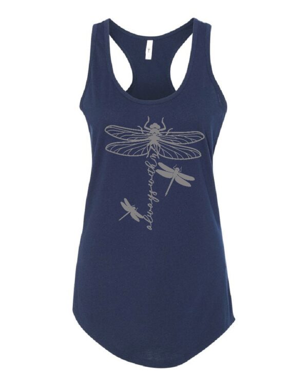 ladies' custom tank top in navy with silver dragonfly's and always with me text