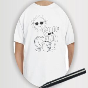 Sun & Fun wearable art coloring t-shirt with a cool sun and sand toys