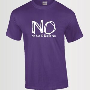 no custom t-shirt in white on purple t-shirt