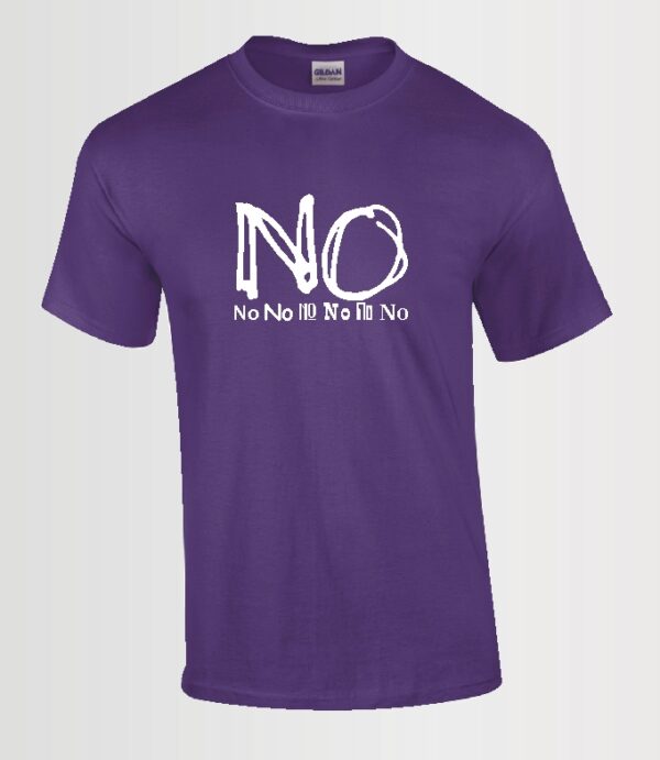 no custom t-shirt in white on purple t-shirt