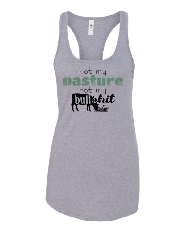 sport grey ladies racerback tank with not my pasture design shown in cadette green