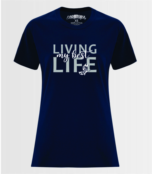 women's navy blue colored cotton material fashion t-shirt with inspirational graphic text living my best life and a butterfly in silver and white on the front