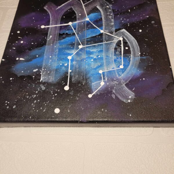 hand painted acrylic painted stretched canvas of Virgo symbol and star pattern