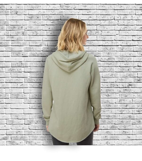 back view of female wearing a sage coloured wave wash hoodie
