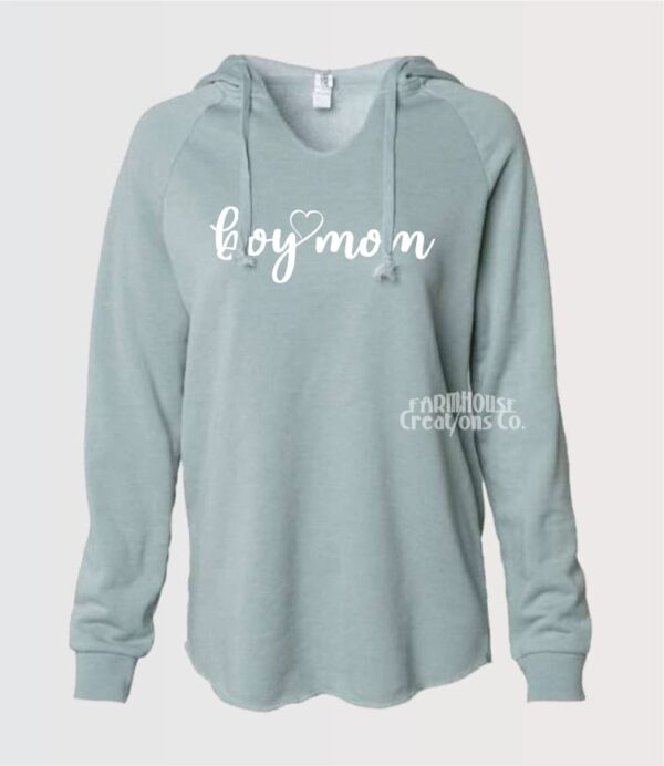 ladies wave wash sage color hoodie with boy mom and heart in white
