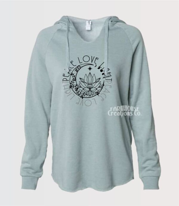 ladies hoodie in sage with peace, love and light and decorative moon