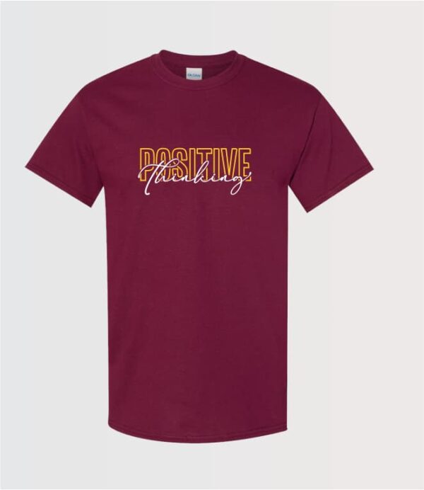 POSITIVE thinking inspirational graphic t-shirt unisex maroon graphic in mustard yellow and white