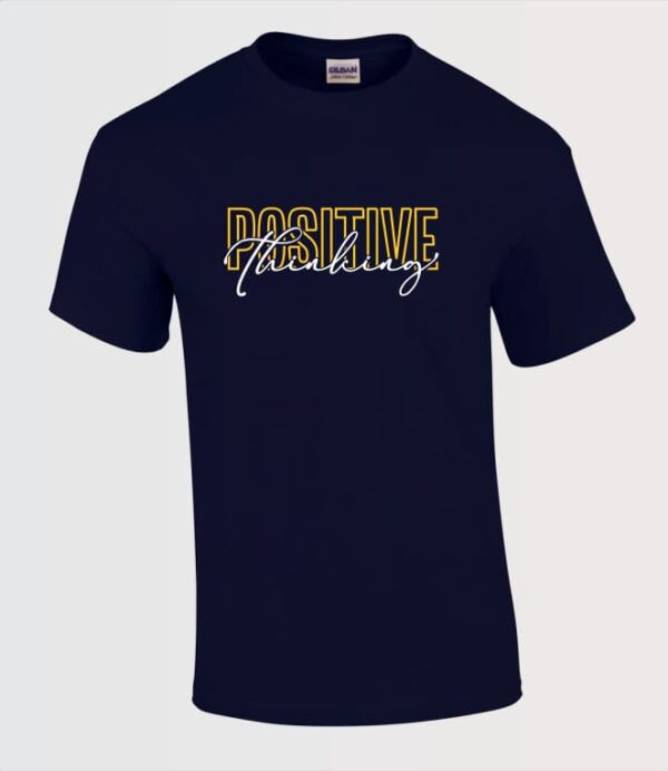 POSITIVE thinking inspirational graphic t-shirt unisex navy blue graphic in mustard yellow and white