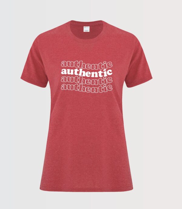 authentic ladies red heather graphic t-shirt with white authentic text repeated
