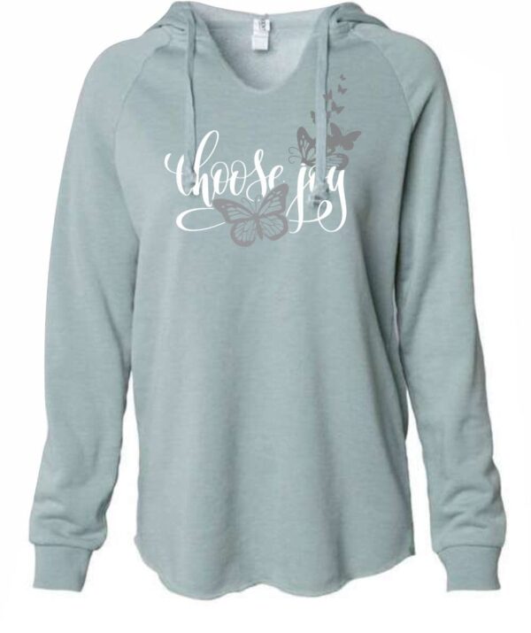 choose joy ladies' hoodie in sage green with white and silver graphic text and butterflies
